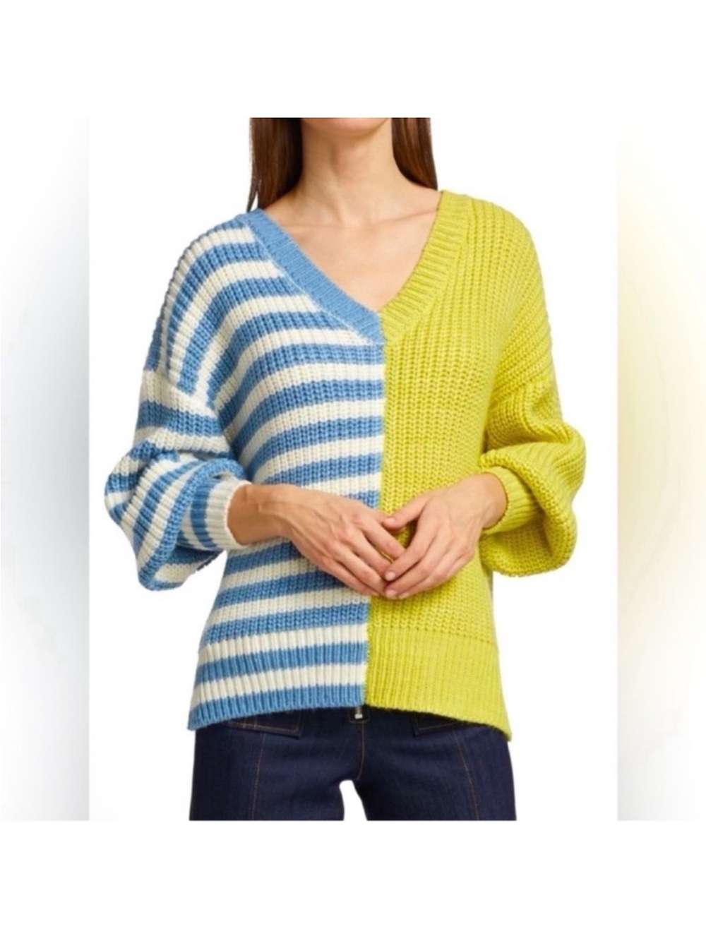 CINQ À SEPT Antonella Ribbed Knit Colorblock Sweater Sz S Oversized V Neck